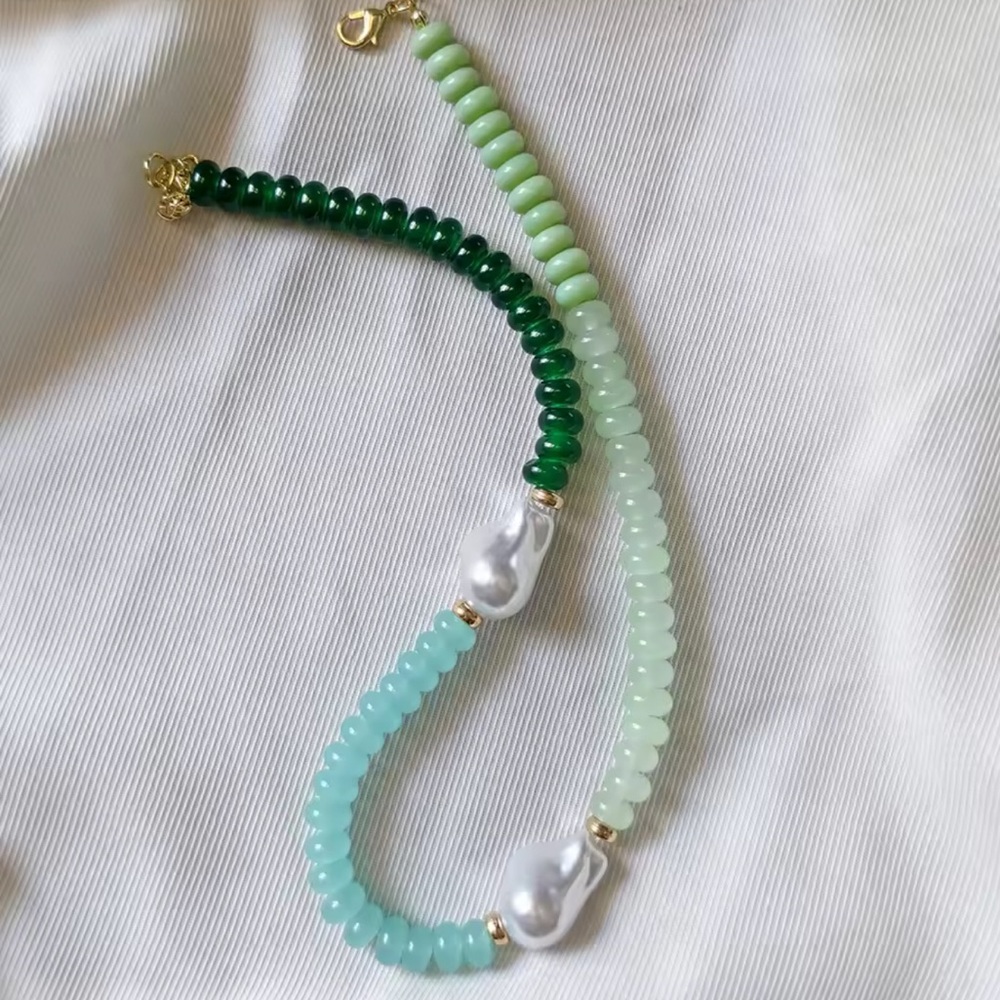 Handcrafted Green Beaded Necklace with Pearl Accents
